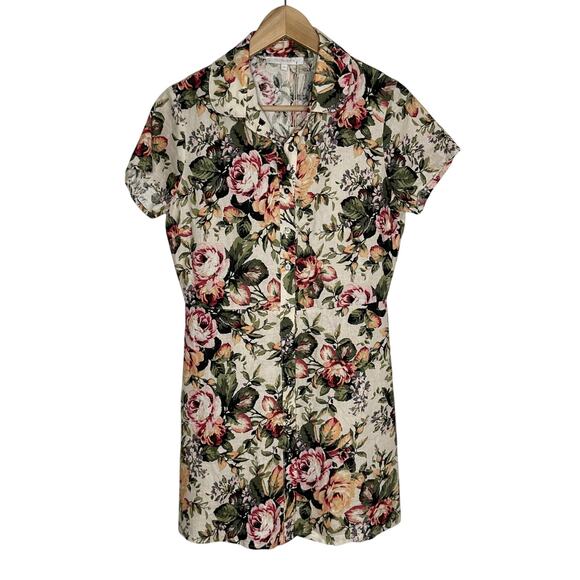 Olivaceous Womens Linen Blend Short Sleeve Mini Shirtdress Medium Cream Floral - Picture 1 of 10